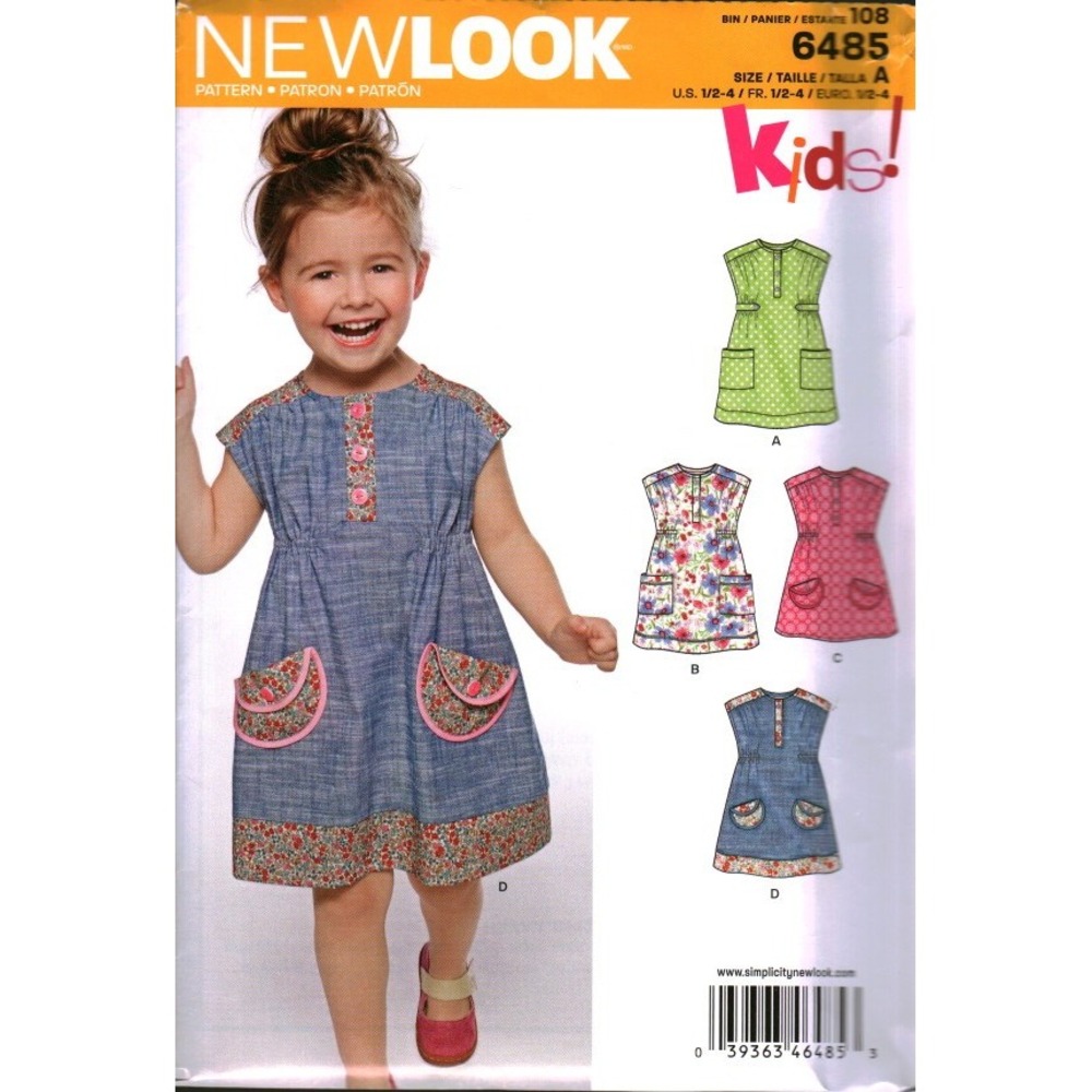 New Look 6485 Toddler Girls Dress Sewing Pattern Sizes 1/2-4 Pockets Placket
